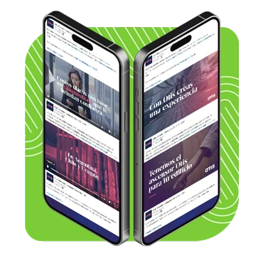 Dos smartphones mostrando contenido promocional de Otis Cono Sur, incluyendo anuncios sobre productos y servicios de ascensores y sostenibilidad.