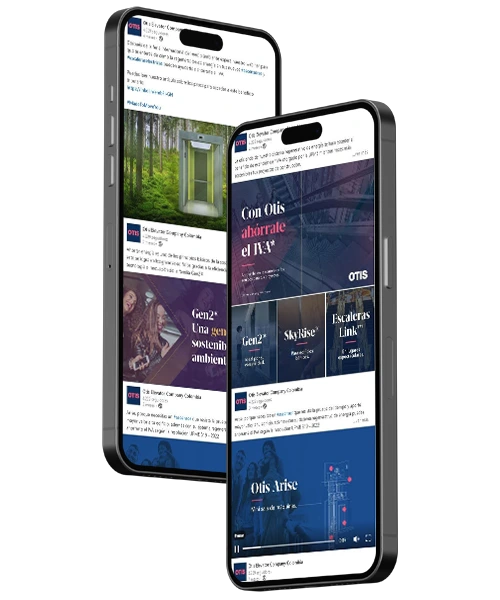 Dos smartphones mostrando contenido promocional de Otis Elevator Company, incluyendo anuncios sobre productos y servicios de ascensores y sostenibilidad.