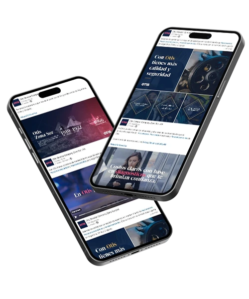 Dos smartphones mostrando la página web de Otis Cono Sur con textos promocionales sobre la calidad y seguridad de sus servicios.