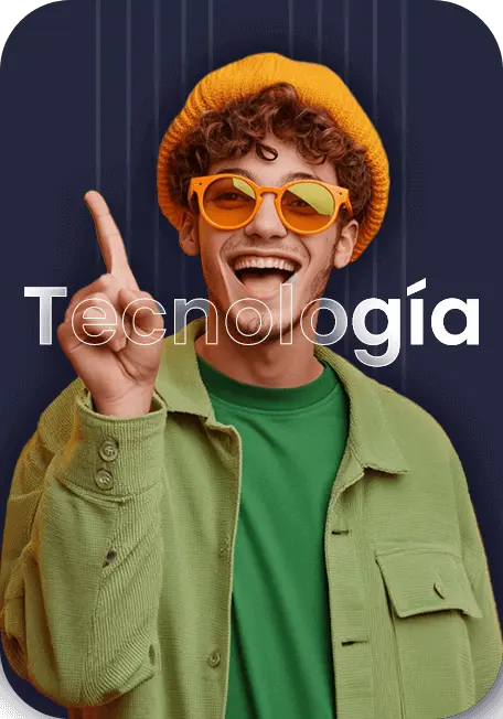 persona con gorro amarillo, gafas de sol naranjas, chaqueta verde, apuntando hacia arriba, con fondo azul y el texto Tecnología