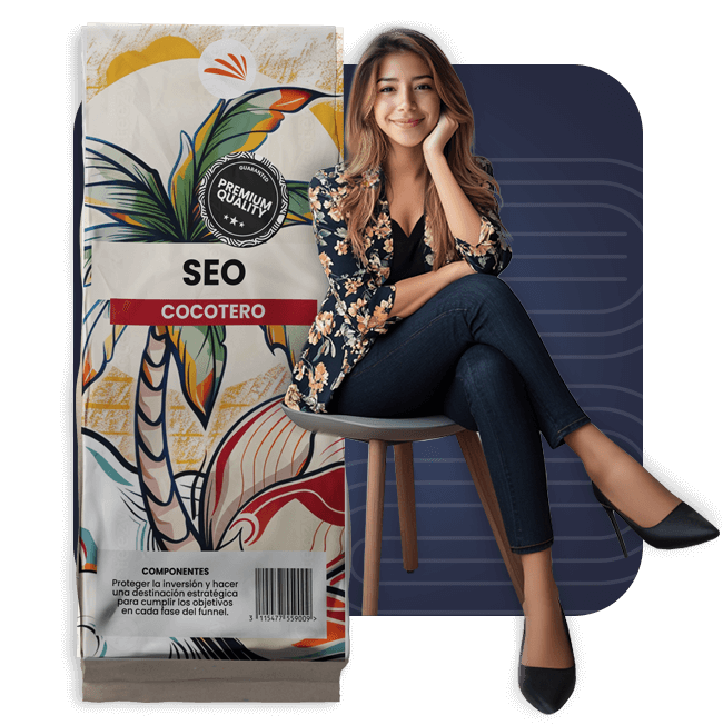 Servicio SEO iPalmera, representado por aquete de "SEO COCOTERO" con diseño de hojas de palma y cocos, junto a una persona sentada, con un sello de "Premium Quality".