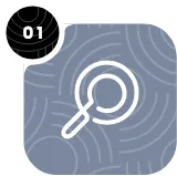 Icono de una lupa sobre círculos concéntricos con el número 01 en la esquina superior izquierda, representando el análisis de datos para generar insights estratégicos.