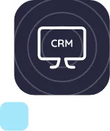 Icono de un monitor con las letras 'CRM' dentro, sobre fondo azul oscuro con círculos concéntricos, representando la automatización de la gestión de CRM, mailing, y captación de leads.