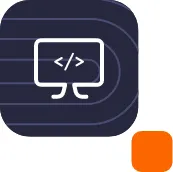 Icono de una pantalla de código con líneas de programación, sobre fondo oscuro con líneas curvas, representando el desarrollo de herramientas digitales personalizadas.